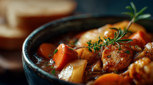 Close up of a bowl of stew with carrots potatoes and herbs with bread in the background blur