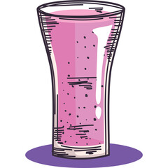 Tall Glass Filled With Pink Liquid and Small Dark Specks With Purple Shadow On White Background Hand Drawn Illustration Style