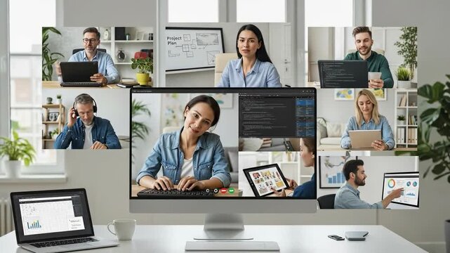 Diverse Business Team Collaborating Remotely in a Virtual Video Conference Call.