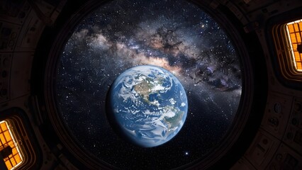 Earth and Milky Way seen through spacecraft window with clouds oceans stars and glowing galaxy