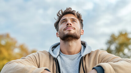 Young man wearing hoodie and jacket looking upward with contemplative expression in park