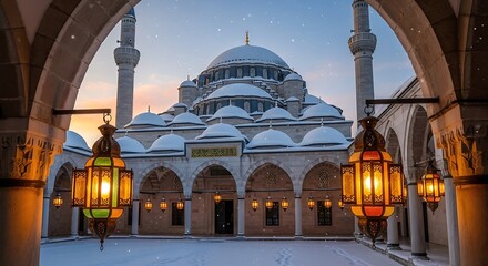 Obraz premium Historic Ottoman mosque with snow covered domes and glowing lanterns at sunset.