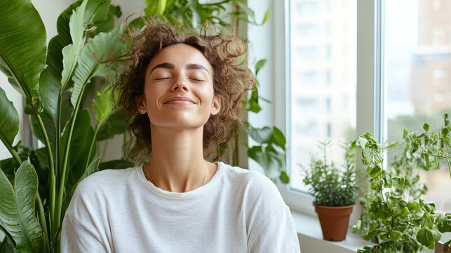 Young woman relaxing among indoor plants with serene expression - Powered by Adobe