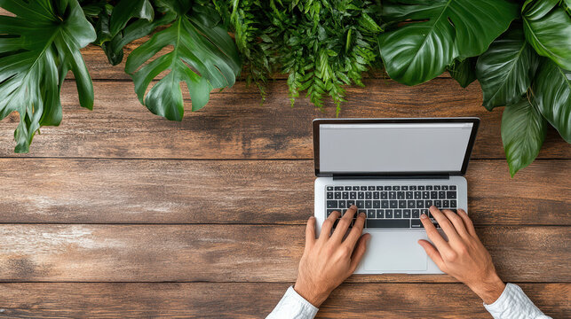 Hands typing on laptop at wooden table with green plants overhead, calm workspace mood