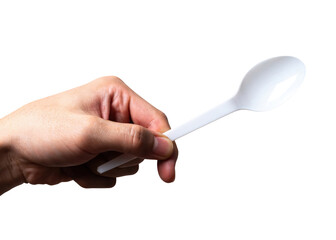 Male hand holding a white plastic spoon isolated on white background.