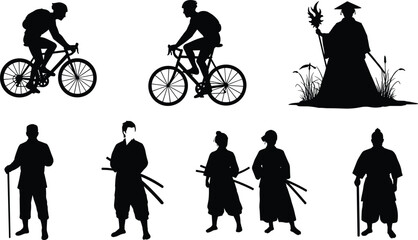 Silhouettes of cyclists, traditional warriors, and a robed figure with staff, showcasing diverse human poses, cultural themes, outdoor and historical illustration