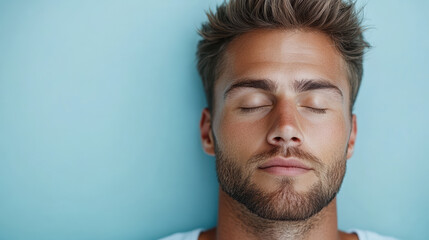 Young man with closed eyes lying against blue background, peaceful expression