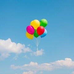 Bright multicolored balloons floating against a clear blue sky.