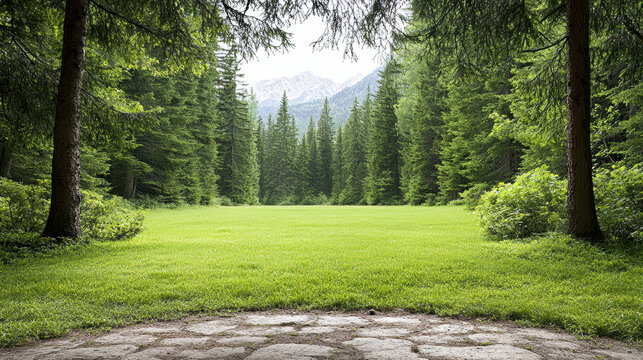 Soft forest green meadow framed by pine boughs, peaceful clearing with distant mountain view - Powered by Adobe