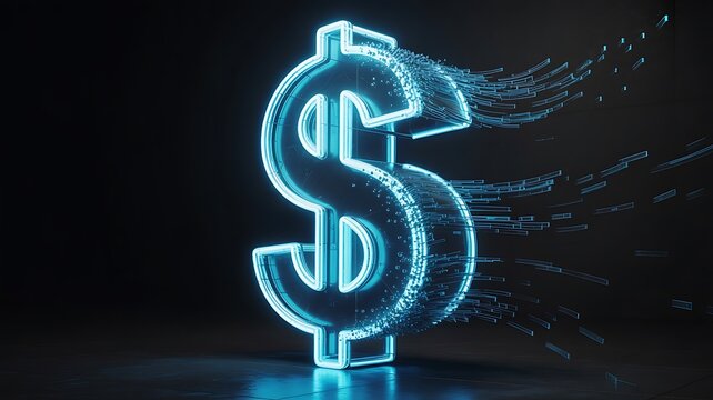 Neon Blue Dollar Sign Dissolving into Digital Particles