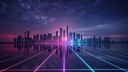 Neon Cityscape Reflection at Dusk with Geometric Light Lines