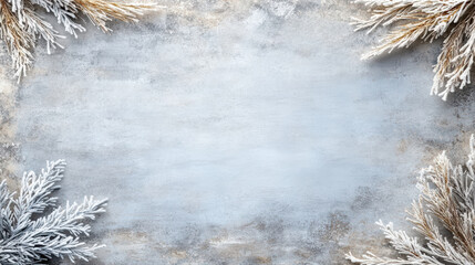 Frosted evergreen branches frame pale blue textured background with soft snowy sparkle