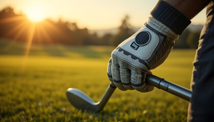 Tee off towards success with this dynamic shot of a golfer's gloved hand holding a club at sunset, inspiring focus, precision, and the thrill of the game amputee golf