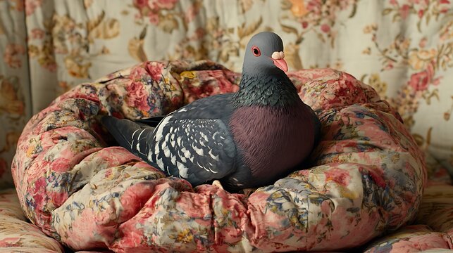 Stuffed pigeon on a quilted fabric nest