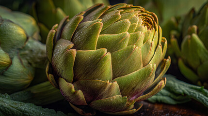 Obraz premium Close up of a fresh green artichoke with water droplets surrounded by other artichokes and greens