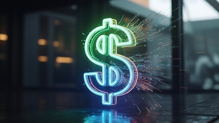 Neon Dollar Sign with Colorful Sparks and Digital Glitch Effect