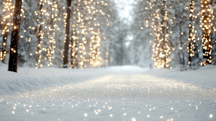 Obraz premium Snowy forest path lit by warm fairy lights, sparkling snow and peaceful winter glow