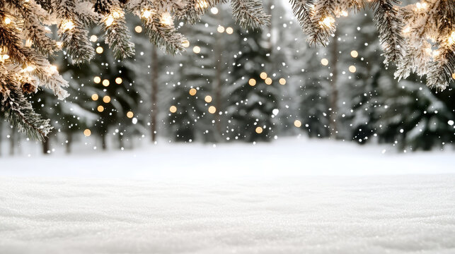 Snowy fir branches with warm lights above peaceful winter forest scene