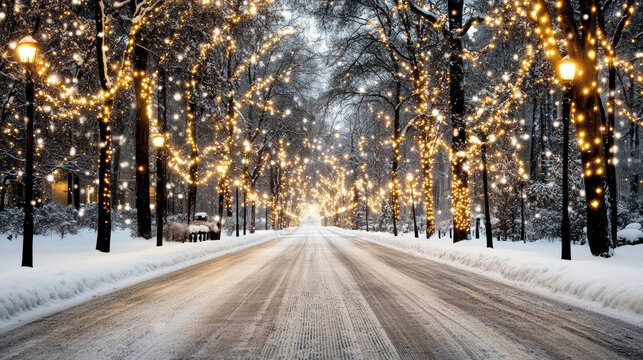 Snowy avenue lined with lit trees and glowing street lamps, festive warm atmosphere
