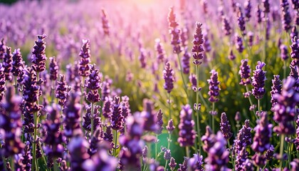 Naklejka premium Sun-drenched field of lavender, fragrant purple blooms, farming, landscape