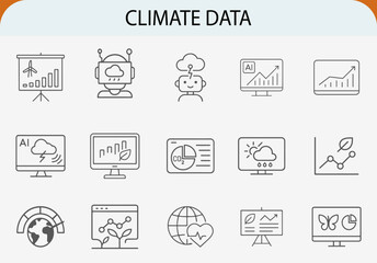 Climate data outline icons set, environmental monitoring analytics report vector