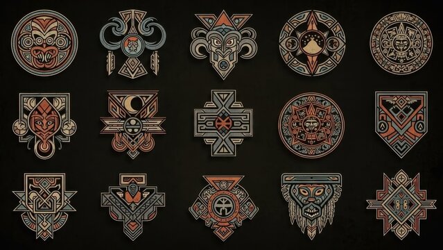 Collection of stylized ancient Aztec and Mayan symbolic tribal style icons and emblems