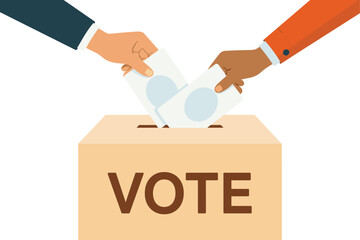 Voting hands vector, diverse people casting ballot, election box illustration, democracy concept, political choice symbol, polling station, right to vote.