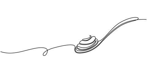 Continuous one line drawing caramel liquid poured into a spoon. Want to taste the extraordinary pleasure in the mouth. Sweetness. National Caramel Day. Single line draw design vector illustration