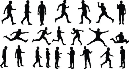 Naklejka premium Silhouettes of men walking, running, jumping, standing and thinking, human motion poses, active lifestyle, movement and body gesture concept