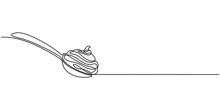 Continuous one line drawing caramel liquid poured into a spoon. Want to taste the extraordinary pleasure in the mouth. Sweetness. National Caramel Day. Single line draw design vector illustration