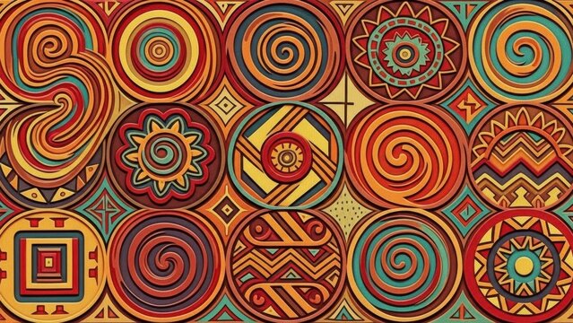 Vibrant circular geometric patterns with ethnic motifs in warm earthy tones design background