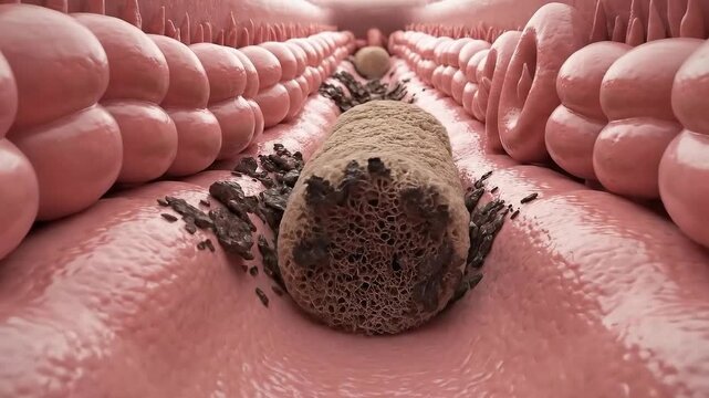 Close Up Medical Animation of Intestinal Blockage Caused by Large Fecal Impaction and Debris