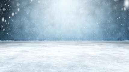 Snowy empty winter scene with soft blue background and falling snowflakes