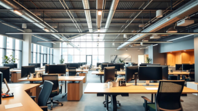 modern office, open office workspace, empty office interior, office desks with computers