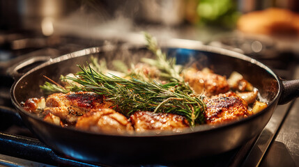 Fototapeta premium Close up of chicken and rosemary sprigs cooking in a cast iron skillet on a stovetop burner