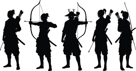 Silhouettes of traditional archers holding bows, arrows, and swords in dynamic warrior poses, perfect for historical illustration, battle scenes, and fantasy design projects