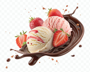 realistic swirling creamy vanilla and strawberry ice cream scoops with chocolate splash in different style isolated on transparent background