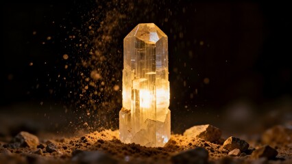 Selenite Tower in Warm Low-Key Lighting / Soft-Glowing Selenite Crystal Tower Macro / HD Mineral Study: Selenite Crystal Tower