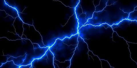 Electric blue energy streaks, abstract fractal lightning bolts on black background, texture, night