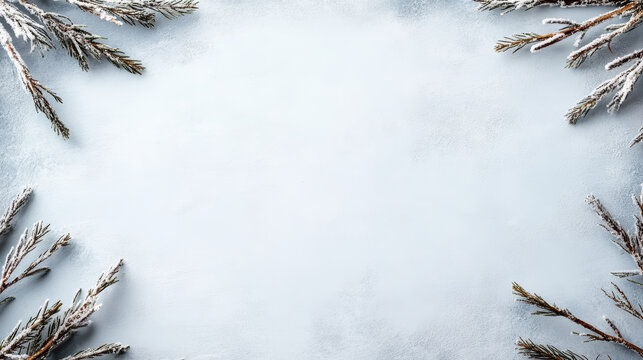 Frosted pine branches frame soft snowy blue background evoking calm winter mood