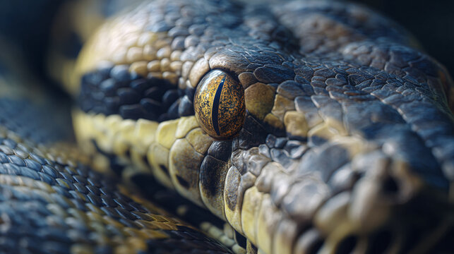 A close up shot of a snake's head showing its eye and scales with a shallow depth of field focus