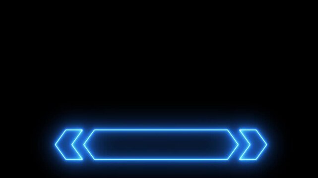 Blue neon glowing geometric shape with arrows on a black background Keywords: blue, neon, glow, glowing, geometric, shape, arrows, horizontal, bar, frame, border, modern, futuristic, technology