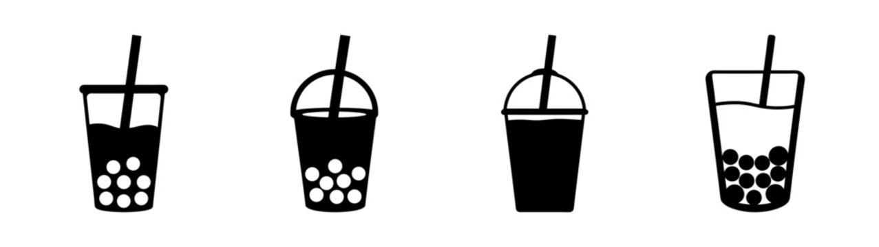 Bubble tea and boba drink icons collection featuring diverse cup designs, straw details, and visible tapioca pearls, rendered as minimalist black silhouettes for modern graphic design.