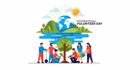 A group of volunteers plant a tree beneath an illustration of the Earth, sun, and landscape, celebrating International Volunteer Day.