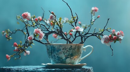 Surreal tea cup growing branches and blooming flowers