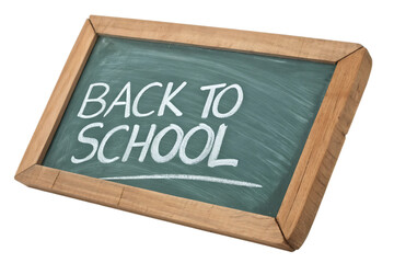 Fototapeta premium Chalkboard with back to school message, isolated on white background