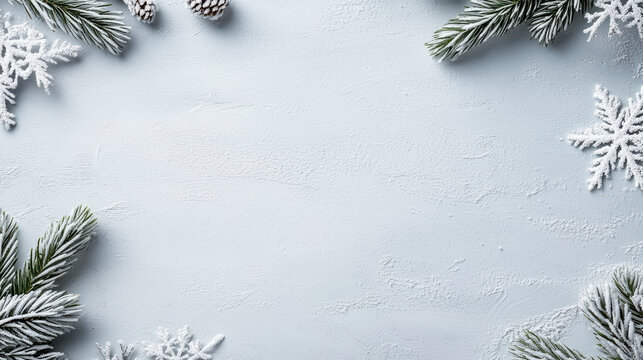 Snowflake branch pinecone silver glow winter greeting card with frosted evergreen and snow