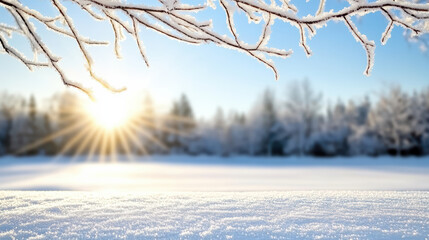 Snowy field sunrise frosted branch morning light serene winter landscape