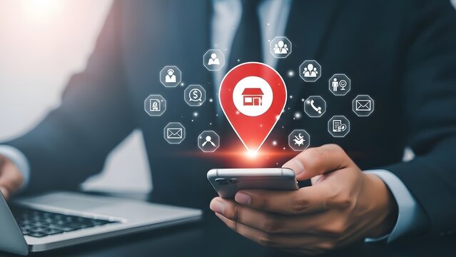 Businessman using smartphone with location pin and service icons for delivery tracking app