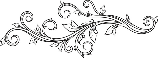 Fototapeta premium An ornate and elegant black and white flourish design, featuring swirling vines, leaves, and curls, creating a decorative border or accent, a, ideal for vintage or classic graphic elements